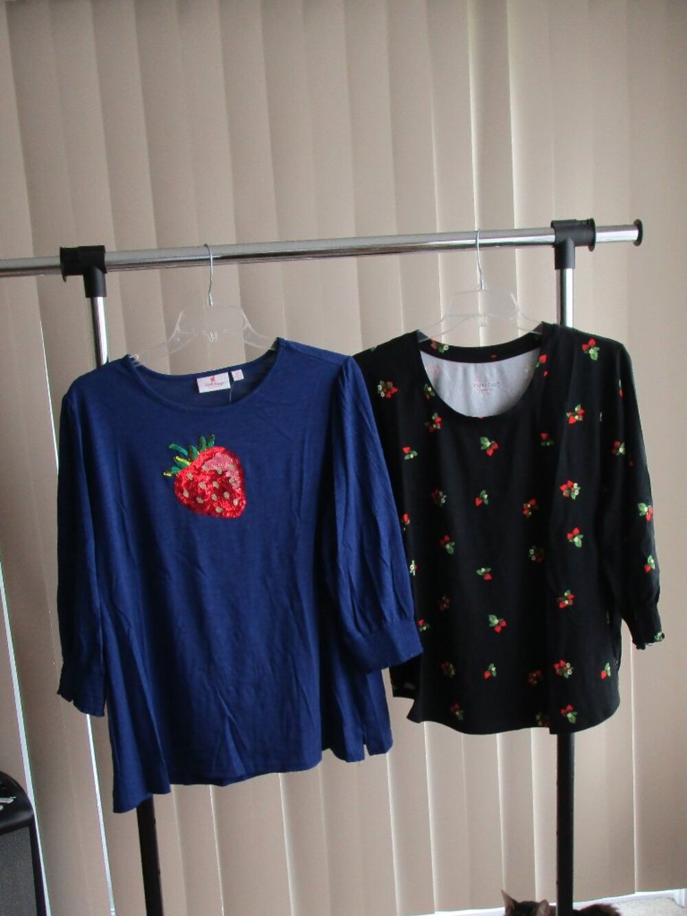 2 QTY Strawberry Theme Jersey Knit Tops woman 2X - blue black sequins